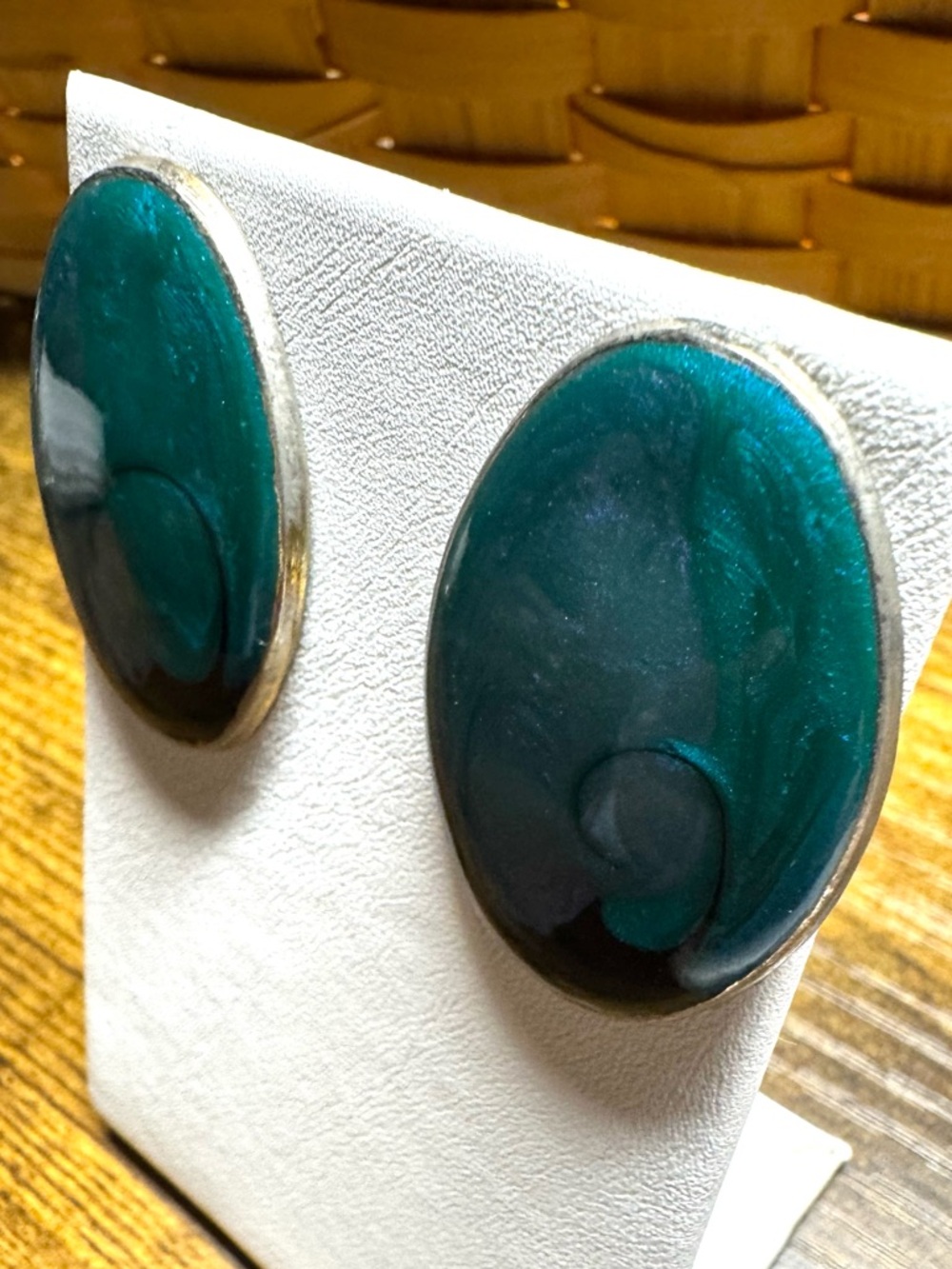 Vintage Teal Swirl Oval Statement Stud Earrings - Retro Acrylic Lucite - Picture 3 of 5